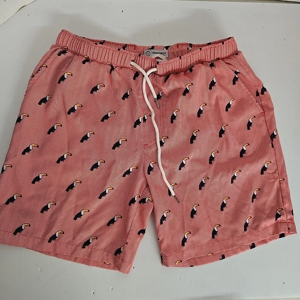 Mossman Swim Shorts Men L Red Toucans Elastic Waist Drawcord‎ Zip Fly